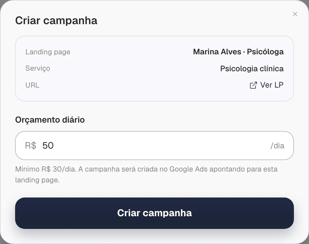 Configuração ilustrativa de uma campanha no Google