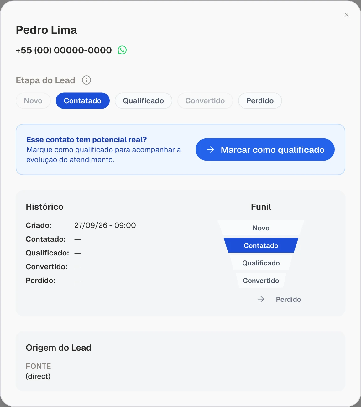 Detalhes de um contato fictício interessado em Psicologia