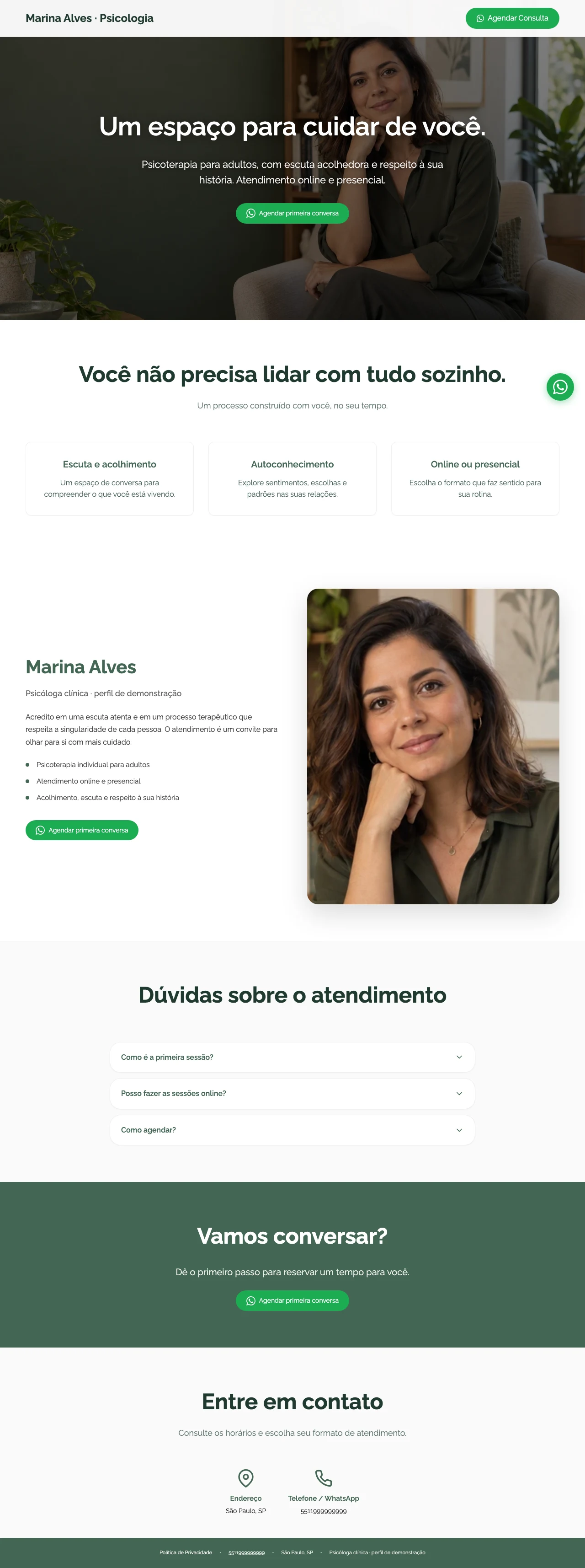Página profissional fictícia de Marina Alves exibida no computador