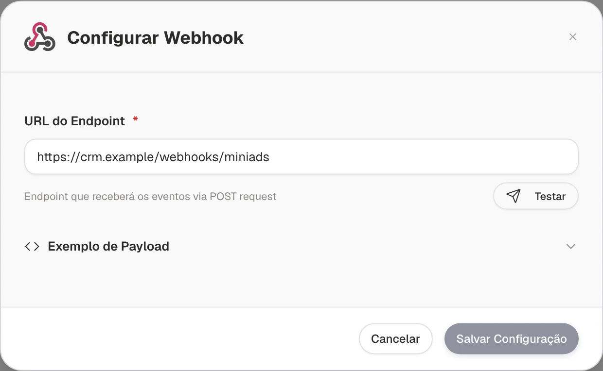 Configuração real de Webhook no MiniAds com endereço fictício de CRM